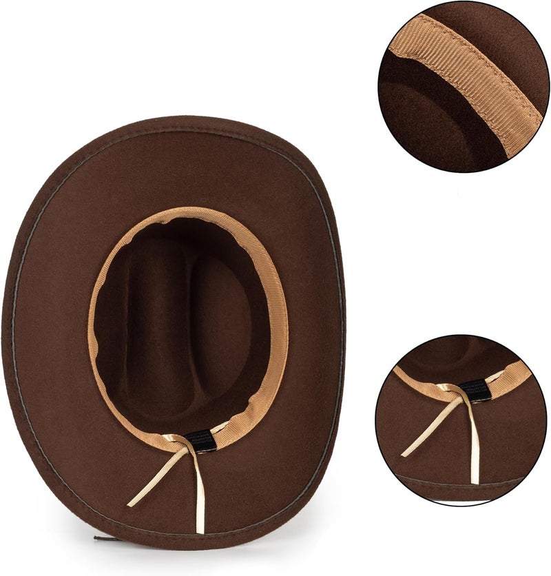 FGSS Western-Cowboy-Hats for Women Men - Classic Wide Brim Felt Fedora Unisex Upturn Bull Head Cowgirl Caps with Buckle Belt - Image 5